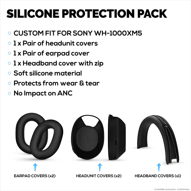Set Sarung Pelindung Silikon untuk Sony WH-1000XM5 - Sarung Ikat Kepala, Cawan Telinga & Pad Telinga – Kalis Peluh, Kalis Habuk, Tidak Gelincir & Mudah Dipasang