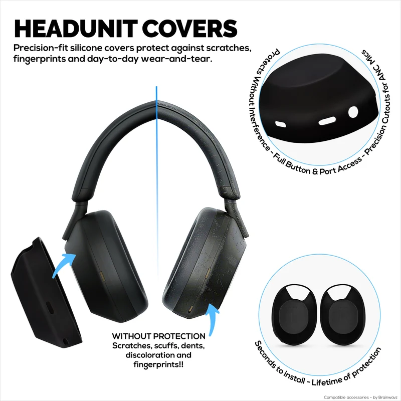 Set Sarung Pelindung Silikon untuk Sony WH-1000XM5 - Sarung Ikat Kepala, Cawan Telinga & Pad Telinga – Kalis Peluh, Kalis Habuk, Tidak Gelincir & Mudah Dipasang