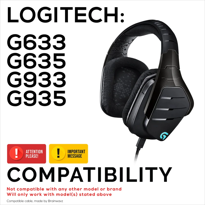 Kabel Audio Gantian Serasi dengan Logitech G633, G635, G933, G935 – Mikrofon Sebaris/Jauh dengan Kawalan Bisu & Kelantangan – Kord Alat dengar Permainan Jalinan Nilon