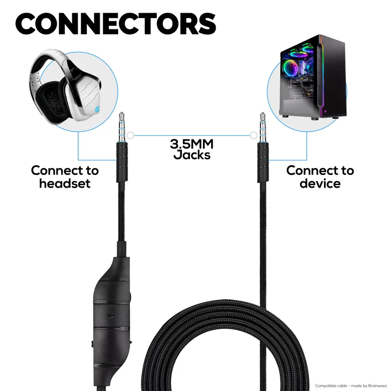 Kabel Audio Gantian Serasi dengan Logitech G633, G635, G933, G935 – Mikrofon Sebaris/Jauh dengan Kawalan Bisu & Kelantangan – Kord Alat dengar Permainan Jalinan Nilon