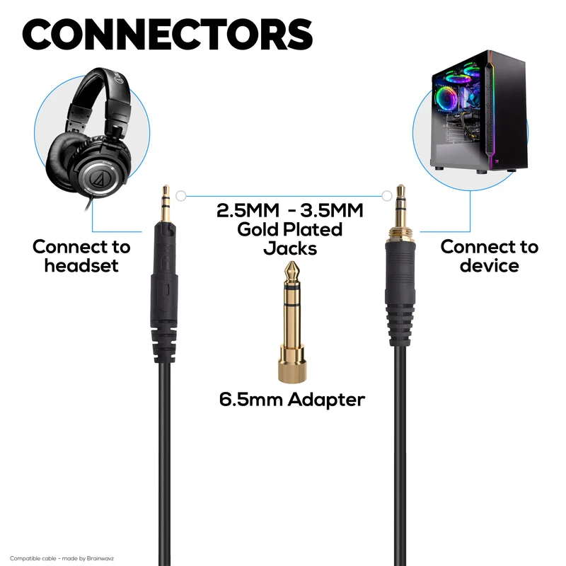Gewickeltes Ersatz-Audiokabel, kompatibel mit Audio-Technica ATH-M50x, M40x, M70x, M60x – 2.5 mm auf 3.5 mm vergoldete Stecker mit 6.5 mm Adapter