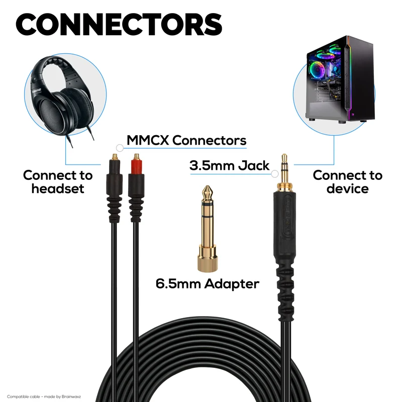 Kabel Audio Gantian Serasi dengan Alat Dengar Shure SRH1440, SRH1540, SRH1840 – Penyambung Bersalut Emas MMCX hingga 3.5mm dengan Penyesuai 6.5mm