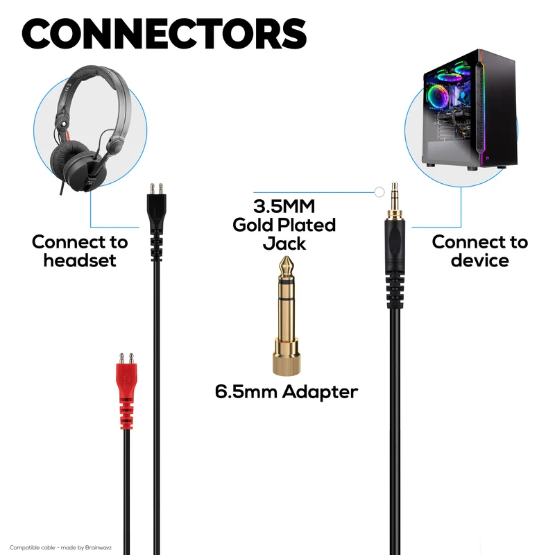 Kabel Audio Gantian Bergelung Serasi dengan Sennheiser HD25, HD560, HD540, HD480, HD430, HD414 & HD250 Set Kepala - Bicu Bersalut Emas 3.5mm