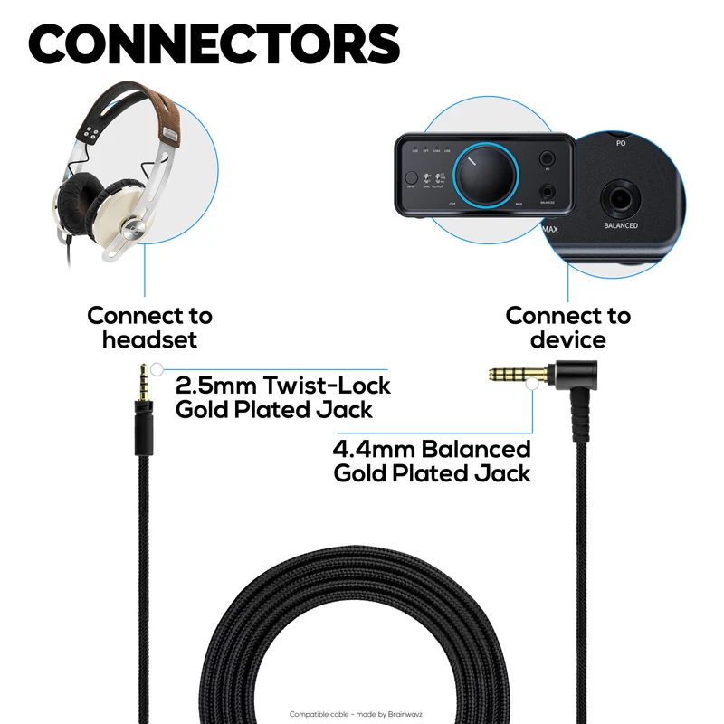 Kabel Audio Seimbang Serasi dengan Fon Kepala Sennheiser Momentum – Kunci Pusing 2.5mm hingga 4.4mm TRRRS Bicu Bersalut Emas Seimbang