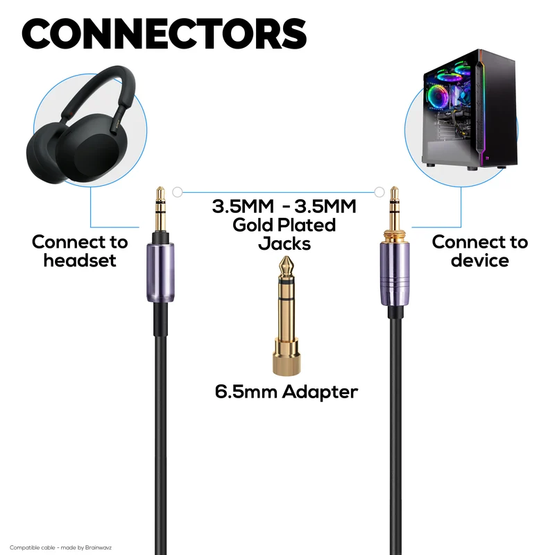 Gewickeltes Ersatz-Audiokabel, kompatibel mit Sony WH-1000XM5, 1000XM4, 1000XM3, 1000XM2, XB910N, CH700N, CH710N, MDR-XB950BT, XB950N1, 1000X