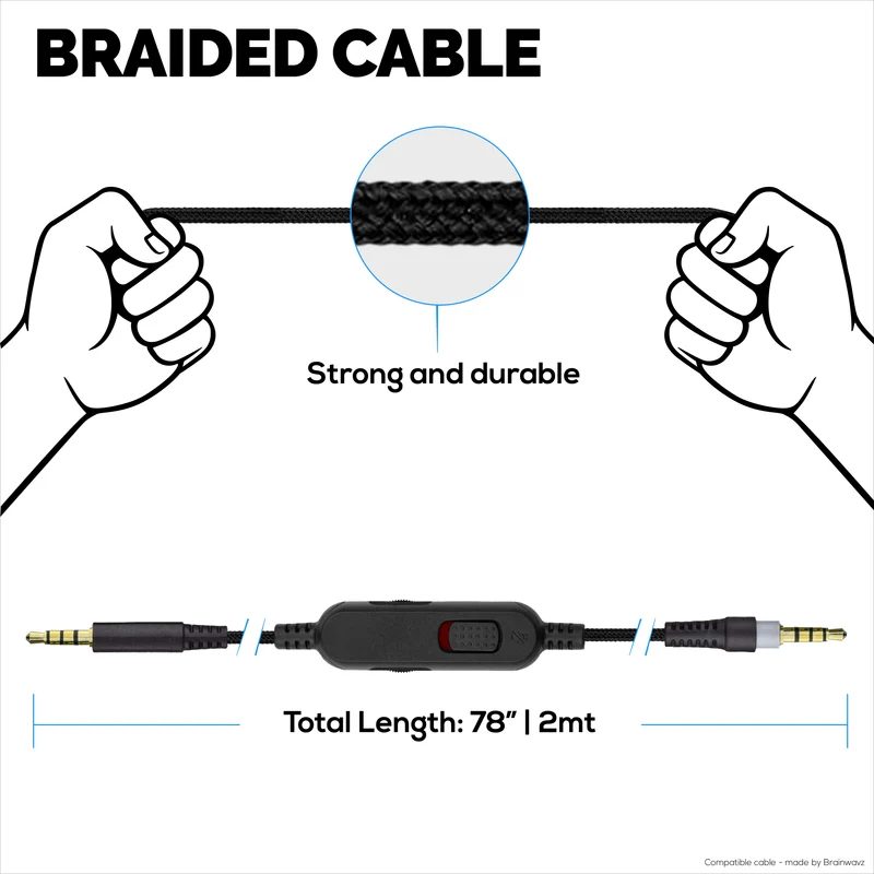 Kabel Audio Gantian Serasi dengan Campuran Awan Kingston HyperX & Alat Dengar Cloud Alpha – Alat Kawalan Jauh Sebaris dengan Kawalan Bisu & Kelantangan – Kord Jalinan Nilon dengan Penyambung Bersalut Emas