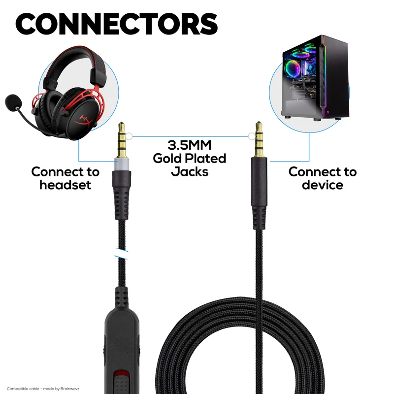 Kabel Audio Gantian Serasi dengan Campuran Awan Kingston HyperX & Alat Dengar Cloud Alpha – Alat Kawalan Jauh Sebaris dengan Kawalan Bisu & Kelantangan – Kord Jalinan Nilon dengan Penyambung Bersalut Emas