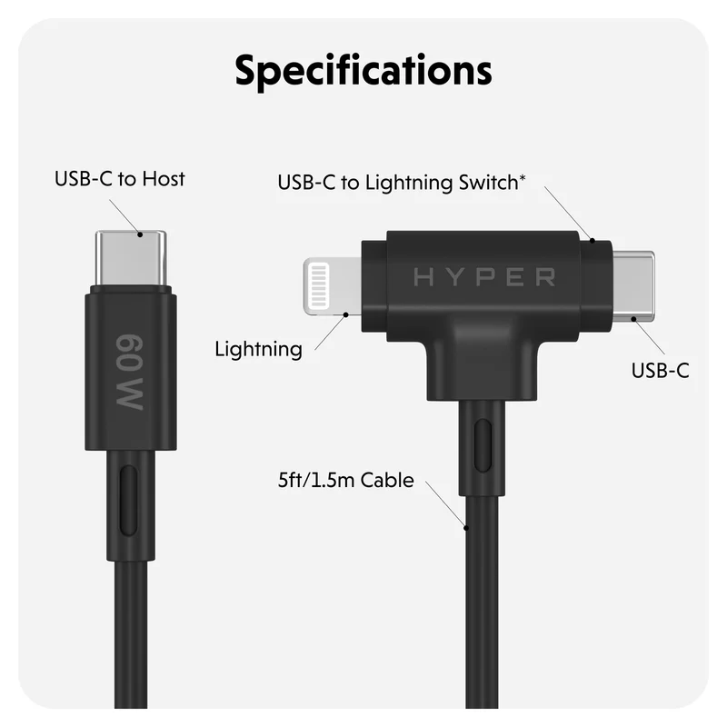 HyperJuice USB-C und Lightning Hybrid-Silikonkabel (1,5m) - Schwarz