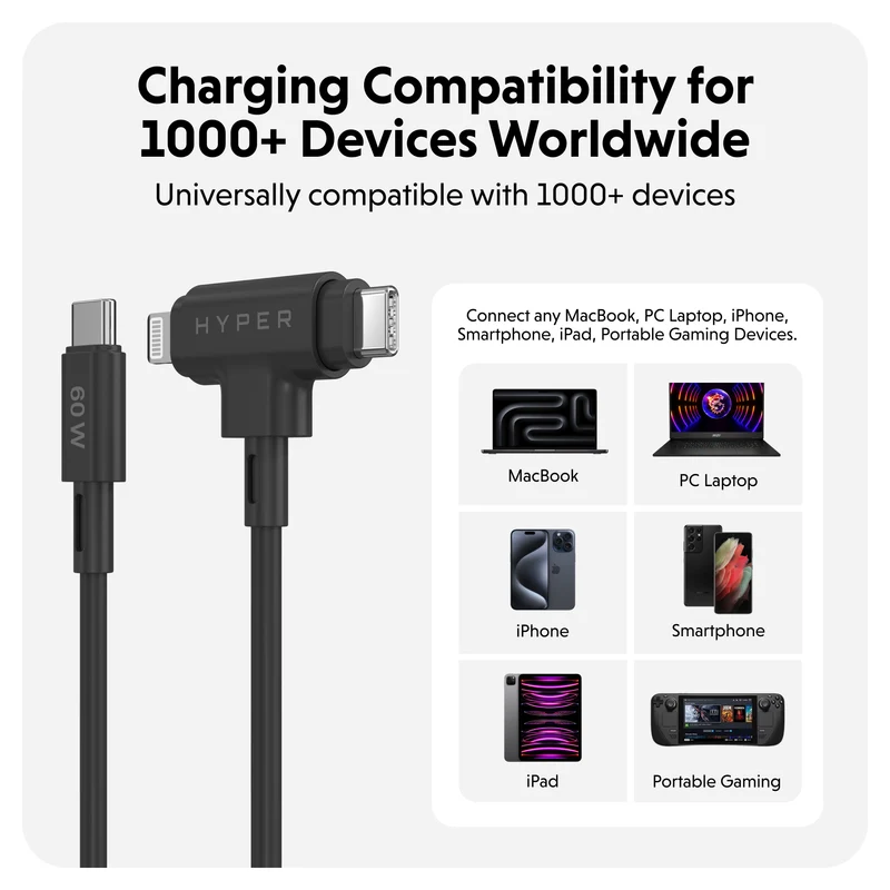 HyperJuice USB-C und Lightning Hybrid-Silikonkabel (1,5m) - Schwarz