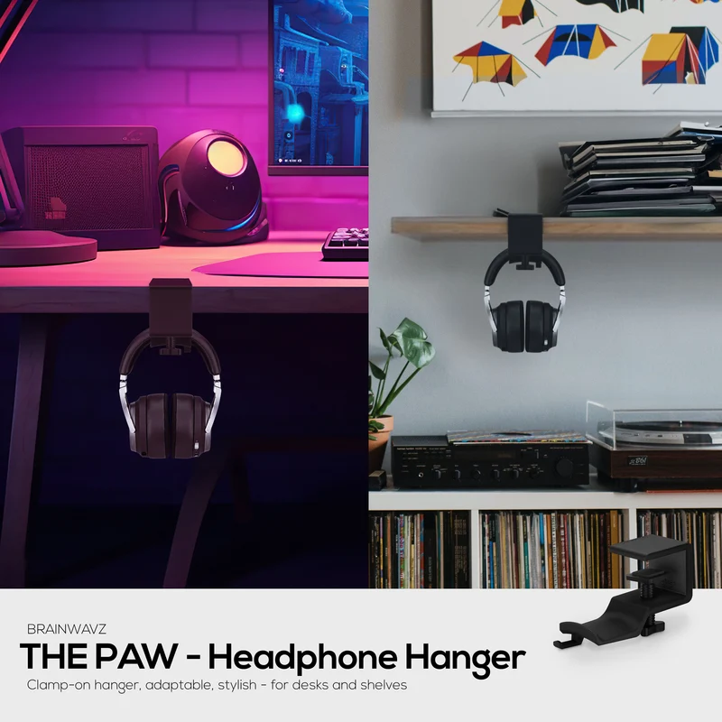 Brainwavz Paw - Kopfhörer-Aufhänger für unter den Schreibtisch, zum Anschrauben, einfach zu installieren mit verstellbarer Befestigungsklemme, für alle Headsets geeignet