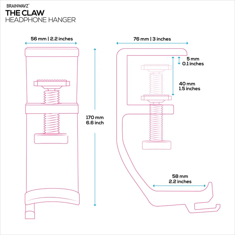 Brainwavz Claw - Penyangkut Fon Kepala Di Bawah Meja, Skru Di Tempat, Mudah Dipasang dengan Pengapit Pelekap Boleh Laras, Sesuai untuk Semua Alat dengar
