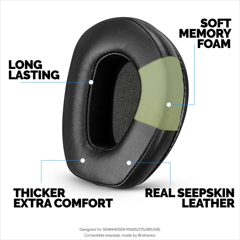 Pad Telinga Kulit Biri-biri untuk Fon Kepala SENNHEISER RS165, RS175, RS185 & RS195 - Berkualiti Tinggi, Kulit Sebenar Lembut & Alas Telinga Buih Memori, HDR165, HDR175, HDR185, HDR195