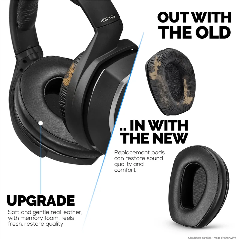 Pad Telinga Kulit Biri-biri untuk Fon Kepala SENNHEISER RS165, RS175, RS185 & RS195 - Berkualiti Tinggi, Kulit Sebenar Lembut & Alas Telinga Buih Memori, HDR165, HDR175, HDR185, HDR195