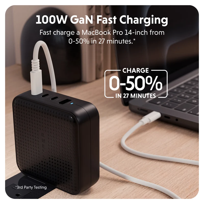 HyperJuice® 100 W USB-C GaN-Reiseladegerät mit Sicherheitsprüfung – Schwarz
