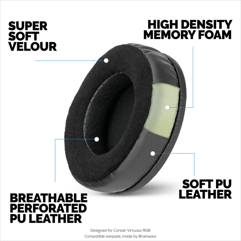 Dicke Hybrid-Ohrpolster für Corsair Virtuoso RGB Headset (Wireless/XT/SE) – Memory-Schaum mit Velours- und PU-Leder-Hybridmaterial