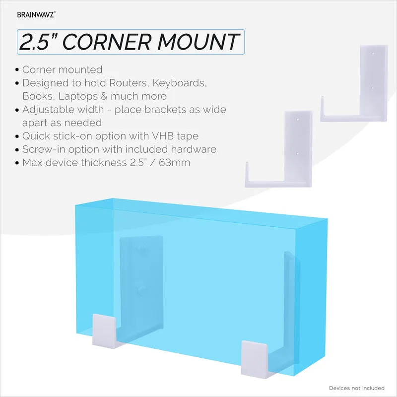Kotak Kabel Penjuru 2.5" & Pemegang Pelekap Dinding Penghala, Pelekat & Skru Masuk, untuk Suis Rangkaian, Modem, Wifi Jaring, Apple TV, Kamera, Pembesar Suara & Banyak Lagi, Peranti Sehingga 2.5" / 63mm Tebal