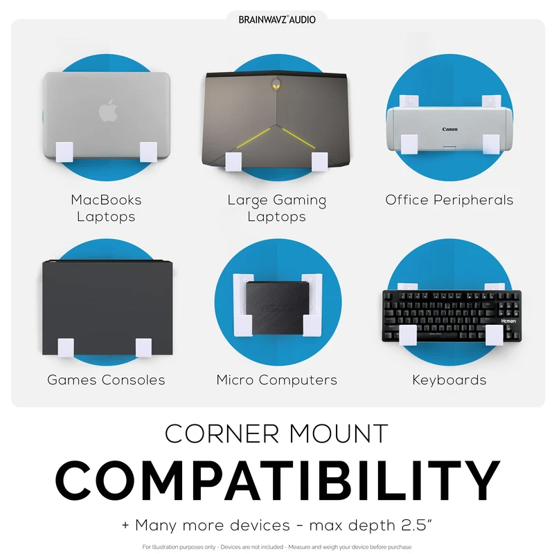 Kotak Kabel Penjuru 2.5" & Pemegang Pelekap Dinding Penghala, Pelekat & Skru Masuk, untuk Suis Rangkaian, Modem, Wifi Jaring, Apple TV, Kamera, Pembesar Suara & Banyak Lagi, Peranti Sehingga 2.5" / 63mm Tebal