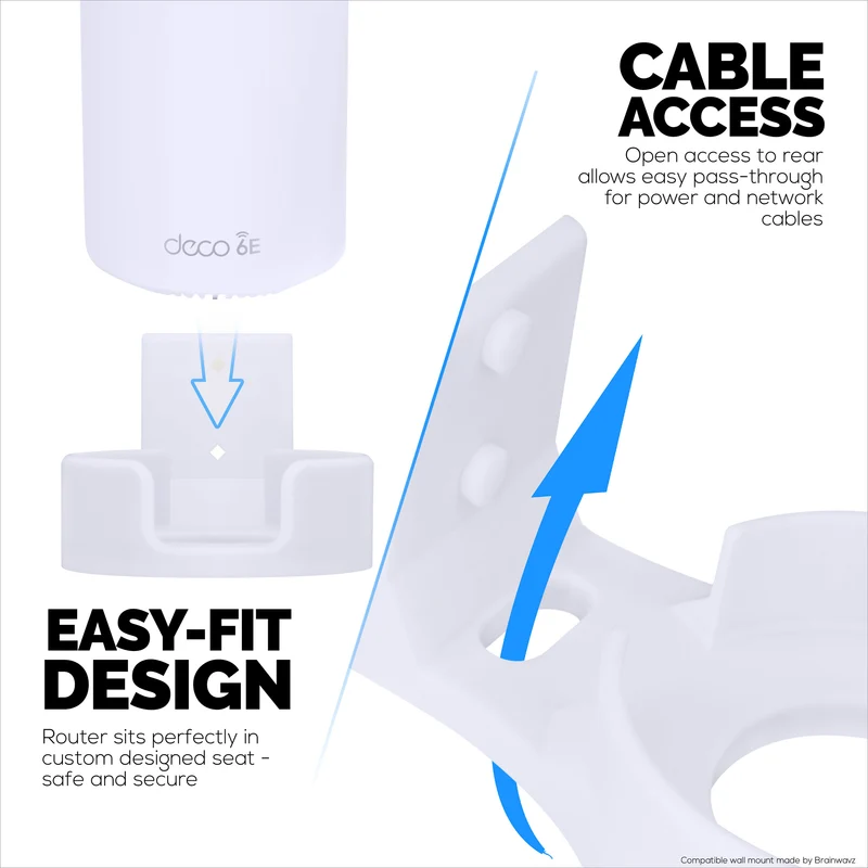 Pelekap Dinding Tanpa Skru untuk TP-Link Deco X68, XE70, XE75, XE75 PRO, AXE5300 & AXE5400, Mudah Dipasang, Tiada Kucar-kacir, Kurangkan Gangguan & Tingkatkan Julat, Lekat Pada Pendakap Pelekat, Putih Oleh Brainwavz