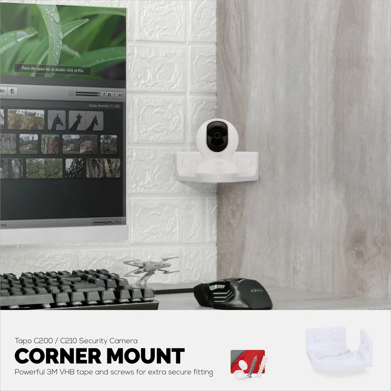 Lekap Dinding Penjuru untuk Tapo Pan/Tilt C200/C210 Pet & Baby Camera Indoor, Pendakap Pemegang Kamera Keselamatan, Kurangkan Bintik Buta & Kekacauan, Pelekat & Pemasangan Skru Dalam