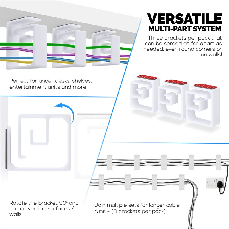Pemegang Pengatur Kabel VHB 3pc, Untuk Kabel Berat, Kord & Wayar PC dengan Pelekat Kuat, Sistem Pengurusan Lekapan Di Bawah Meja - XL