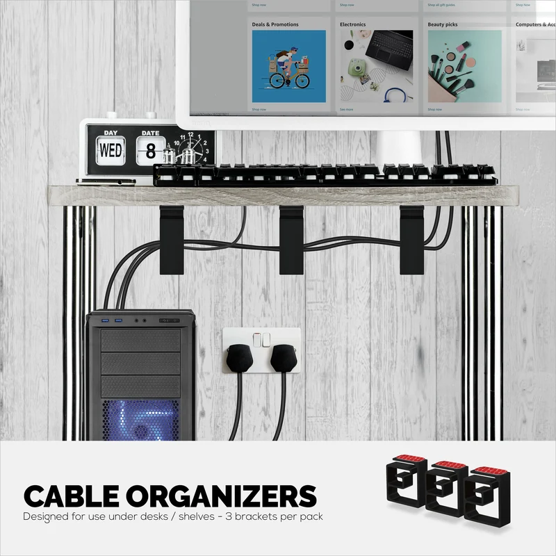 Pemegang Pengatur Kabel VHB 3pc, Untuk Kabel Berat, Kord & Wayar PC dengan Pelekat Kuat, Sistem Pengurusan Lekapan Di Bawah Meja - XL
