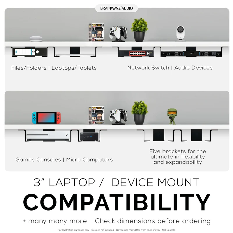Twin Under Desk Laptop & Device Holder Mount, Adhesive & Screw In, Devices up to 3" Like Small Computers Laptops Macbook Surface Keyboard Routers Modems Cable Box Network Switch & More