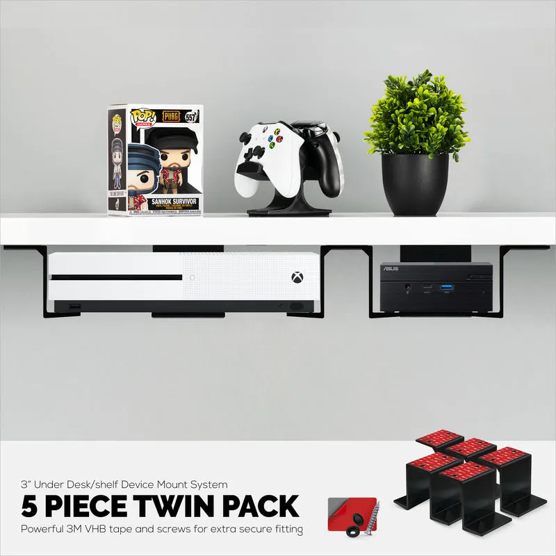 Twin Under Desk Laptop & Device Holder Mount, Adhesive & Screw In, Devices up to 3" Like Small Computers Laptops Macbook Surface Keyboard Routers Modems Cable Box Network Switch & More
