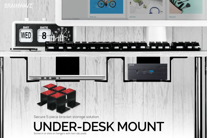 Twin Under Desk Laptop & Device Holder Mount, Adhesive & Screw In, Devices up to 3" Like Small Computers Laptops Macbook Surface Keyboard Routers Modems Cable Box Network Switch & More