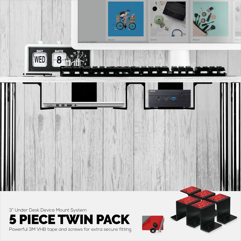 Twin Under Desk Laptop & Device Holder Mount, Adhesive & Screw In, Devices up to 3" Like Small Computers Laptops Macbook Surface Keyboard Routers Modems Cable Box Network Switch & More