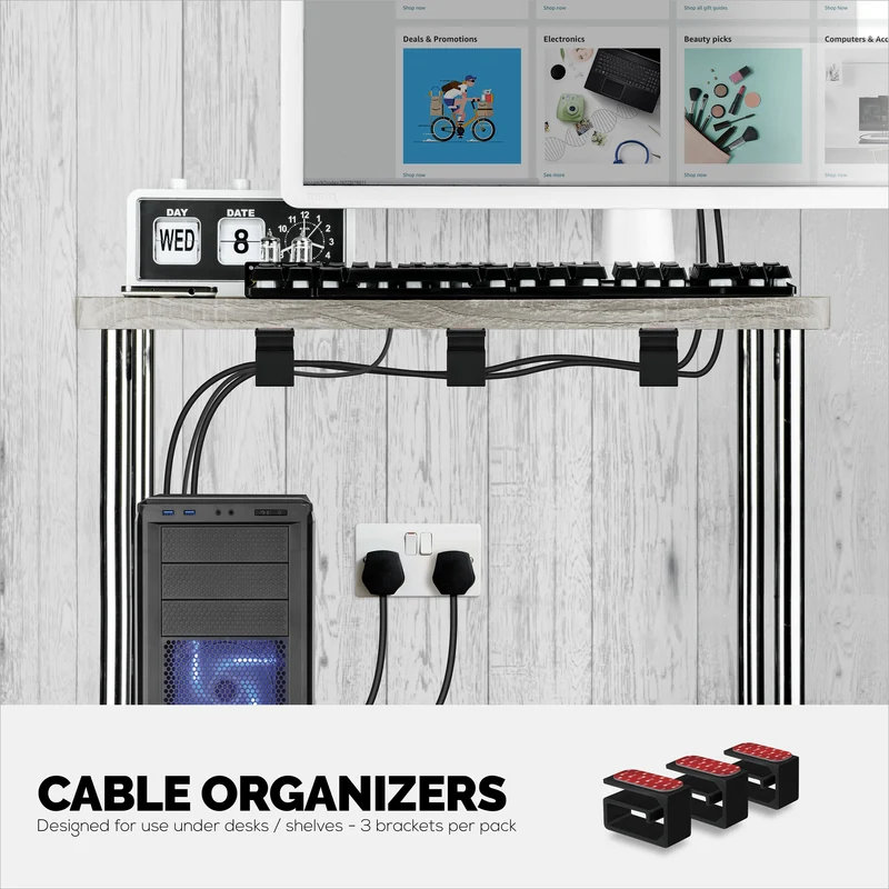 Pemegang Penyusun Kabel Pelekat VHB 3pc, Untuk Kabel Berat, Kord & Wayar PC dengan Pelekat Kuat, Pengurusan Pemasangan Di Bawah Meja - Kecil