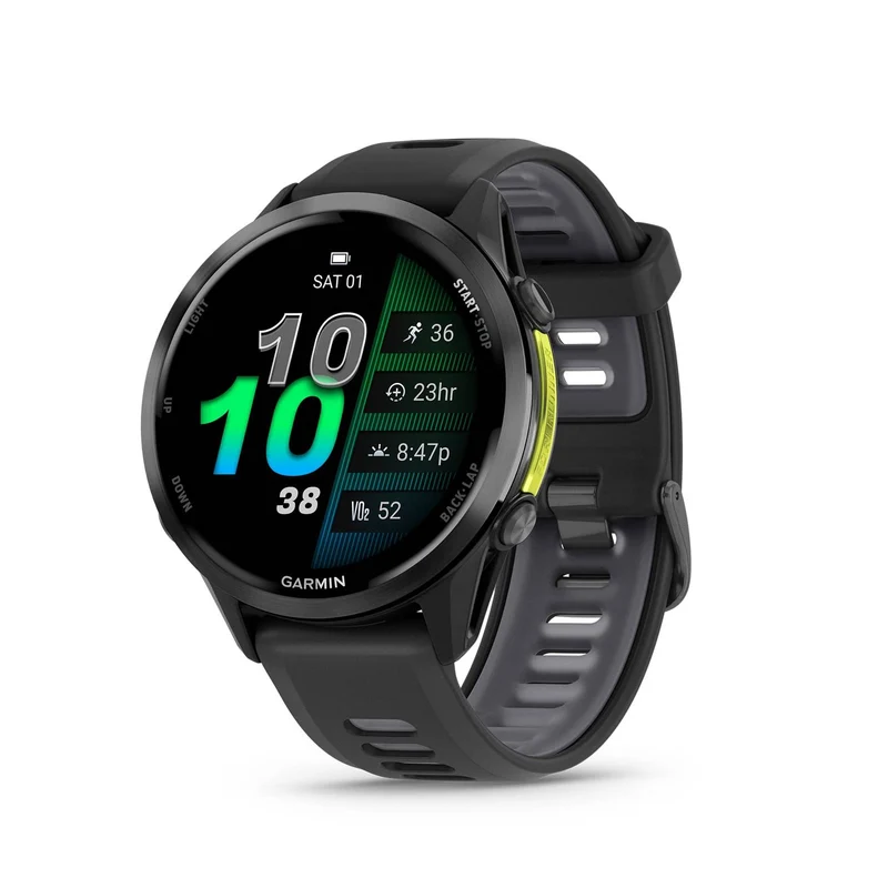 Garmin® Forerunner® 970, Premium GPS Running and Triathlon Smartwatch, AMOLED Display, Built-in LED Flashlight, Carbon Gray DLC Titanium with Black Case and Black/Translucent Whitestone Band