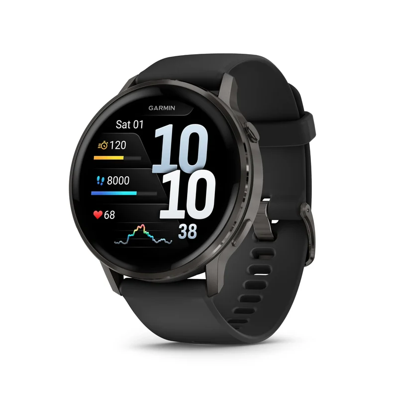 Garmin Venu® 4, 45mm, Advanced Health and Fitness GPS Smartwatch, Bright and Colorful Display, Built-in Flashlight, 12 Days of Battery Life, Slate with Black Silicone Band