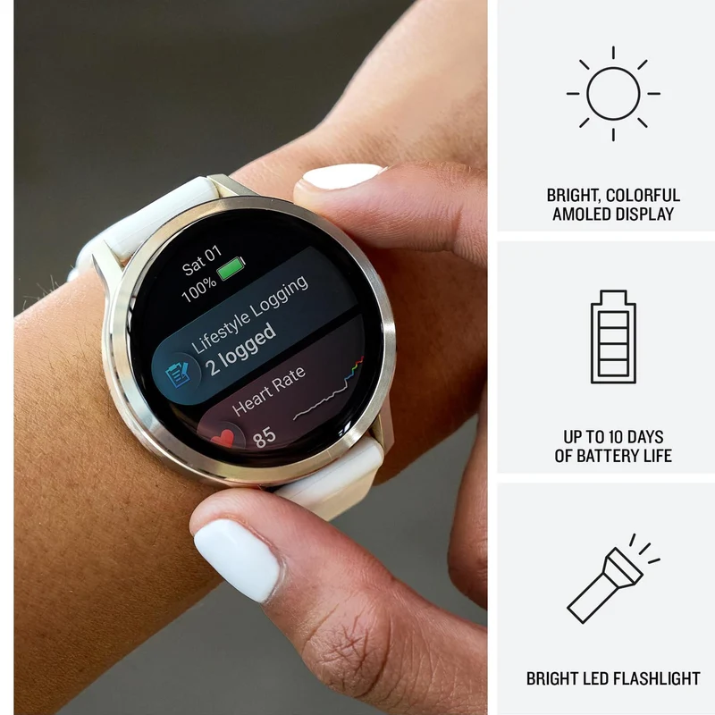 Garmin Venu® 4, 41mm, Advanced Health and Fitness GPS Smartwatch, Bright and Colorful Display, Built-in Flashlight, 10 Days of Battery Life, Lunar Gold with Bone Silicone Band