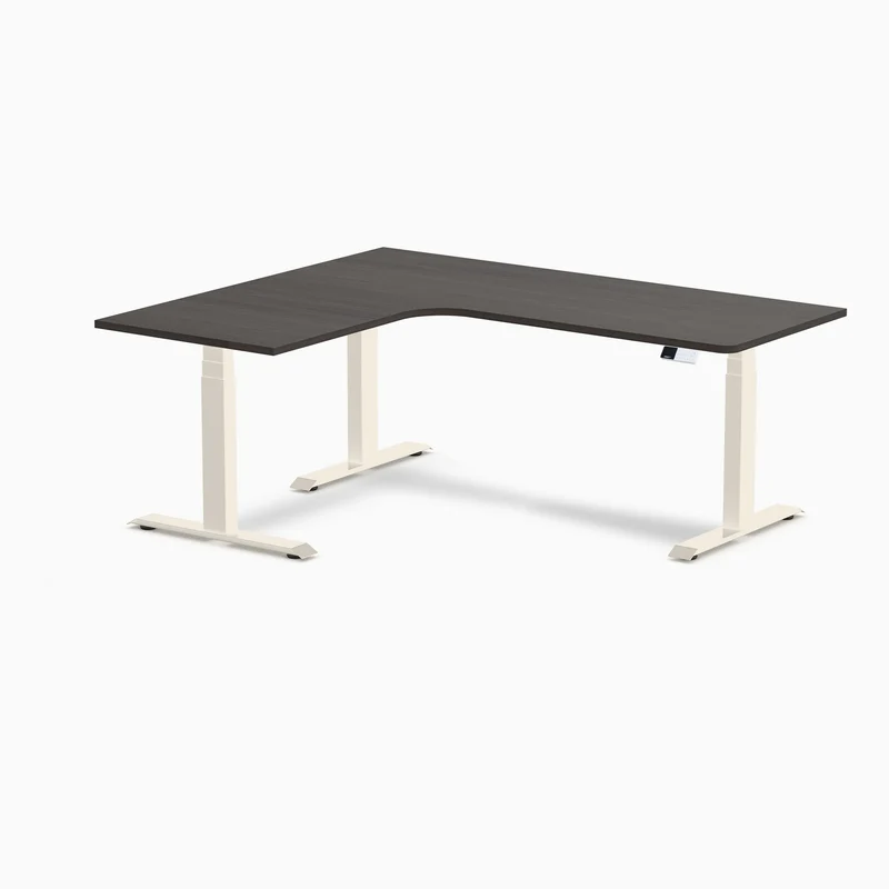 Desky L-Shape Melamine Sit Stand Desk 180cm - Left Return Burnished Wood Top and Wheat Leg