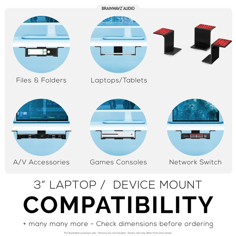 3-Zoll-Untertischhalterung für Laptops und andere Geräte, zum Kleben und Verschrauben, für Geräte bis zu 3 Zoll wie kleine Computer, Laptops, MacBooks, Surface-Geräte, Tastaturen, Router, Modems, Kabelreceiver, Netzwerk-Switches und mehr.