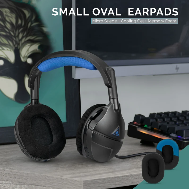 Pad Telinga Fon Kepala Permainan Dipertingkat - Bujur Kecil - Suede Mikro dengan Gel Penyejuk & Buih Memori untuk Steelseries, Hyperx, Sony MDR-7506, AKG, Turtlebeach, Sennheiser & Banyak Lagi (Micro Suede)