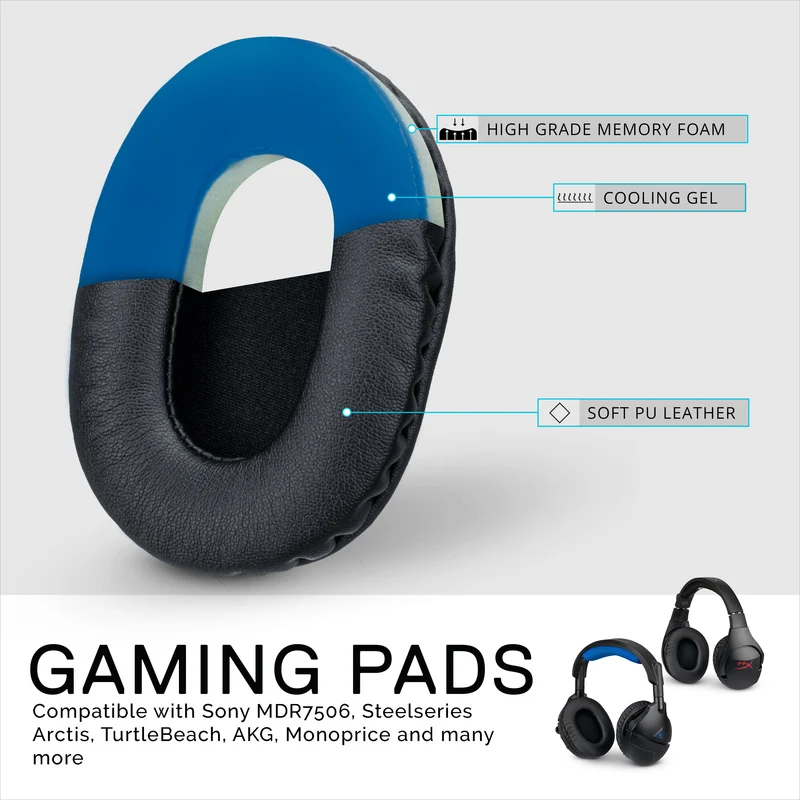 Verbesserte Ohrpolster für Gaming-Kopfhörer – klein, oval – PU-Leder mit Kühlgel und Memory-Schaum für Steelseries, Hyperx, Sony MDR-7506, AKG, Turtlebeach, Sennheiser und mehr