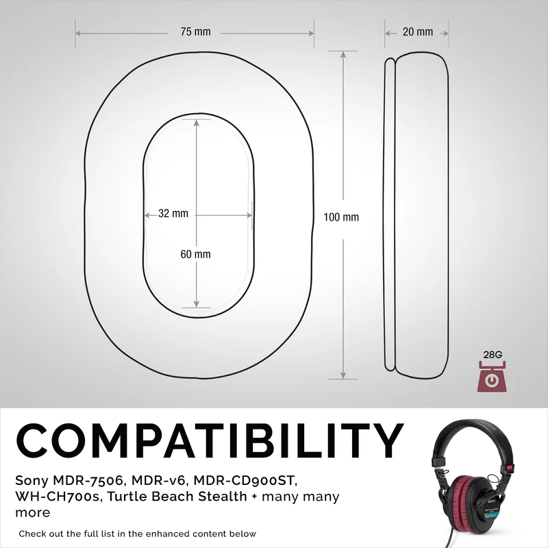 Pad Telinga Premium Gantian SONY MDR-7506 - Juga Sesuai untuk Fon Kepala (PU) V6, CD900ST