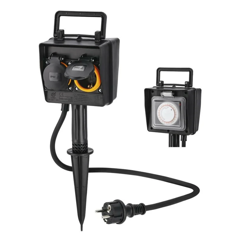 Hama Gartensteckdose 2-fach IP44 Schwarz mit Zeitschaltuhr