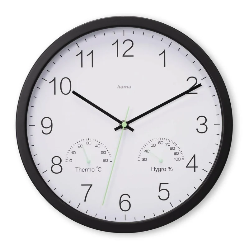 Hama Wanduhr Santorini 30cm Schwarz - Analog Thermo Hygro