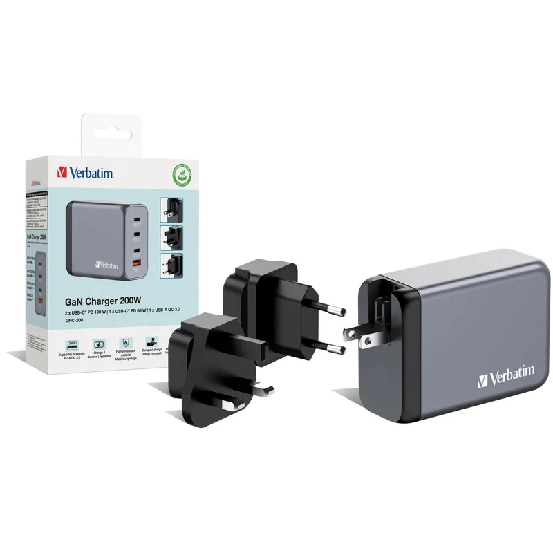 Verbatim GNC-200 GaN Charger 200W USB-C 100W/65W, Quick