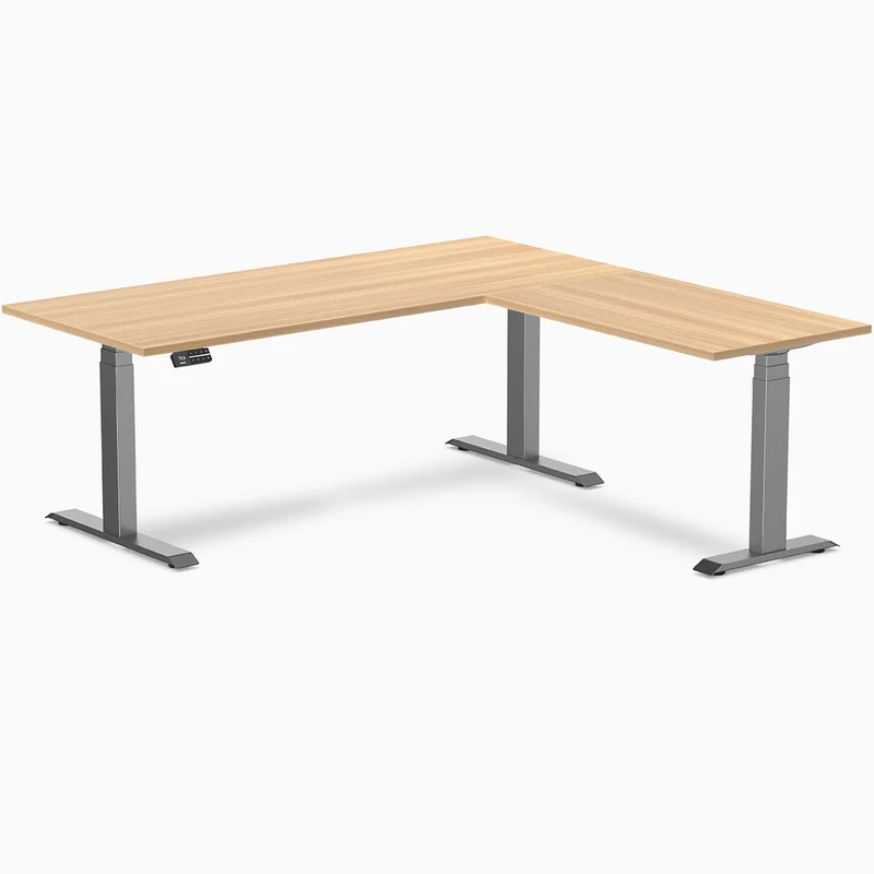 Desky Eco L-Shape Melamine Sit Stand Desk 180 x 175 cm Sublime Teak Top and Space Grey Leg