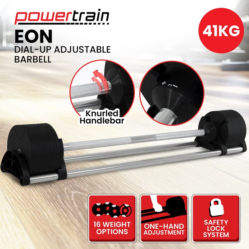 Powertrain Eon 41kg Adjustable Barbell Set with Storage Tray, 16-in-1 Fast Dial Weights for Home Gym Strength Training