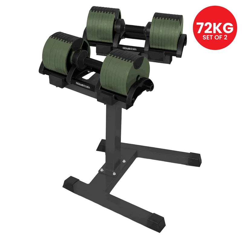 Powertrain 72kg Adjustable Dumbbells Pair with Stand 4-36kg Quick Dial Weight Set for Home Gym Strength Training Green