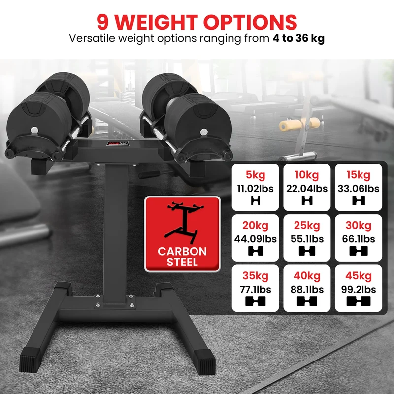 Powertrain Eon 90kg Adjustable Dumbbells Pair with Stand 2x 45kg Quick Dial Weight Set for Home Gym Strength Training