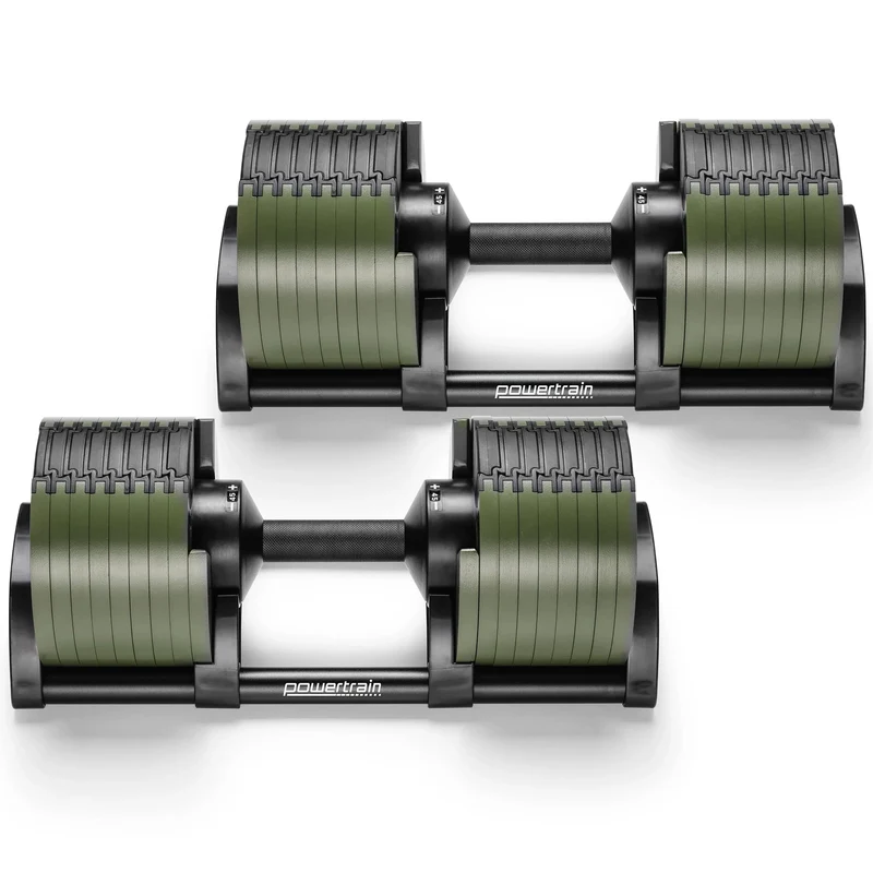 Powertrain Eon 90kg Adjustable Dumbbells Pair (2x 45kg) Quick Dial Strength Training Free Weights for Home Gym, Green