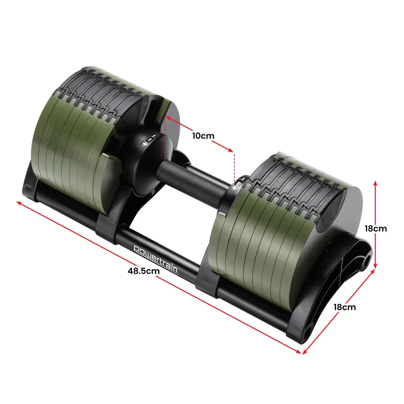Powertrain Eon 36kg Adjustable Dumbbell Quick Dial 4-36kg Cast Iron Weight for Home Gym Strength Training Green