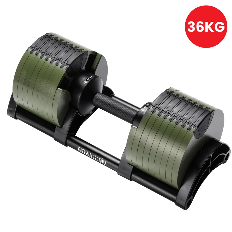 Powertrain Eon 36kg Adjustable Dumbbell Quick Dial 4-36kg Cast Iron Weight for Home Gym Strength Training Green