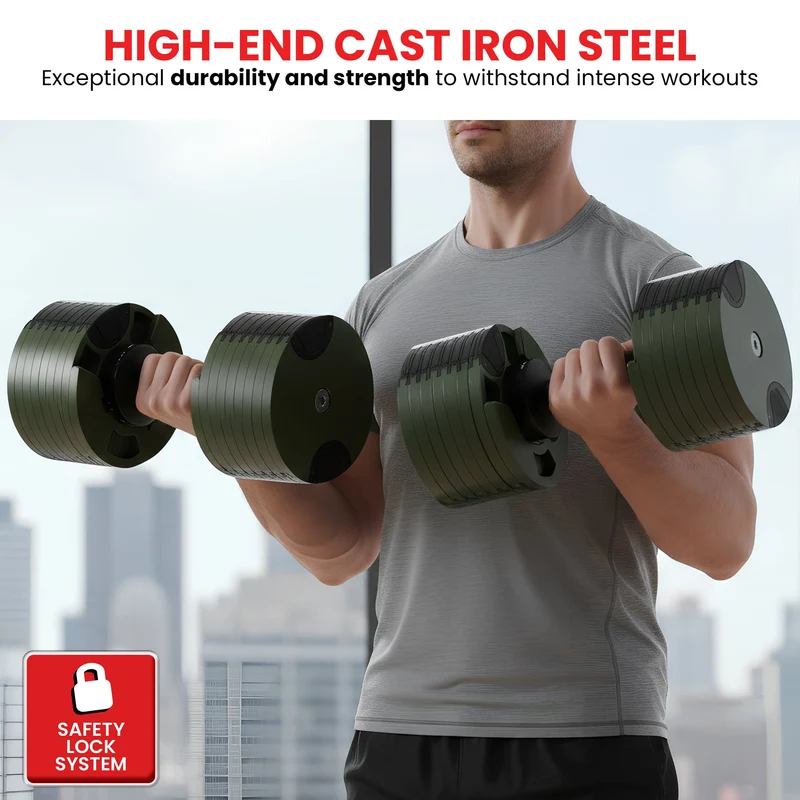 Powertrain Eon 36kg Adjustable Dumbbell Quick Dial 4-36kg Cast Iron Weight for Home Gym Strength Training Green