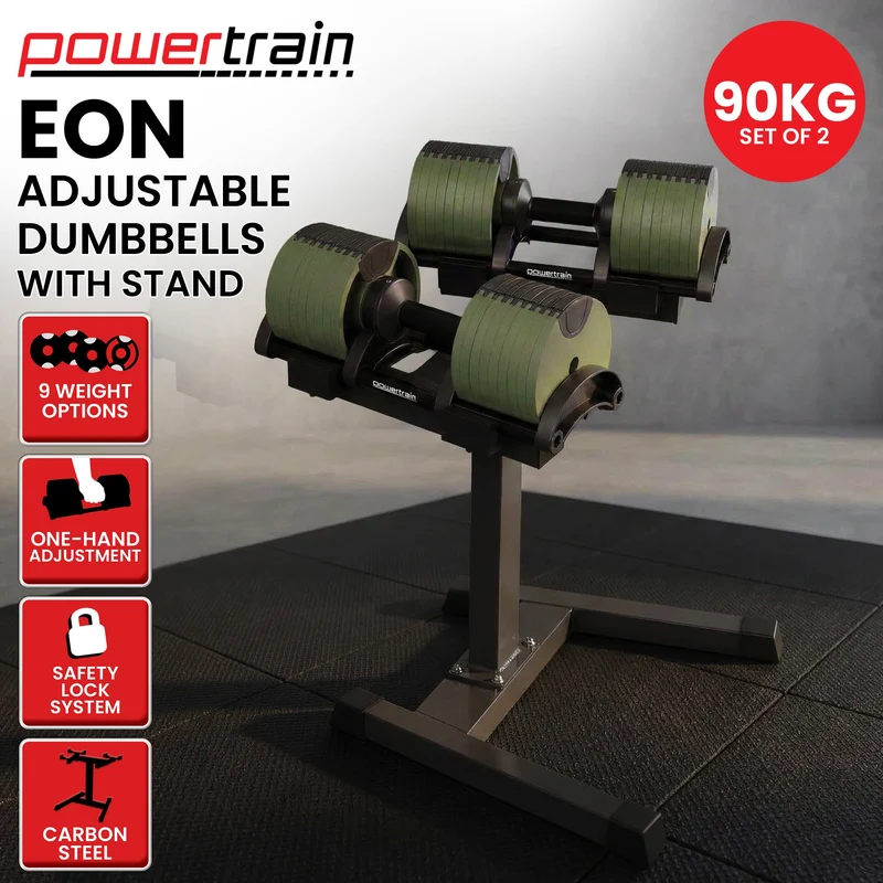 Powertrain Eon 90kg Adjustable Dumbbells Pair with Stand 5-45kg Quick Dial Weight Set for Home Gym Strength Training